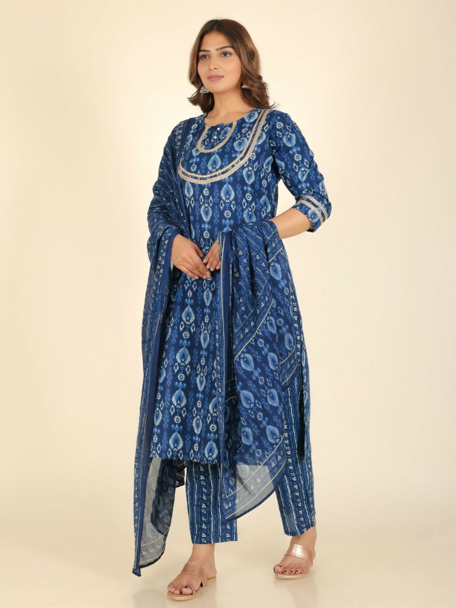 Aramya Straight Soft Cotton Ikat Print Women's Kurta Set - Blue | Grocsy