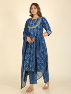Aramya Straight Soft Cotton Ikat Print Women's Kurta Set - Blue | Grocsy