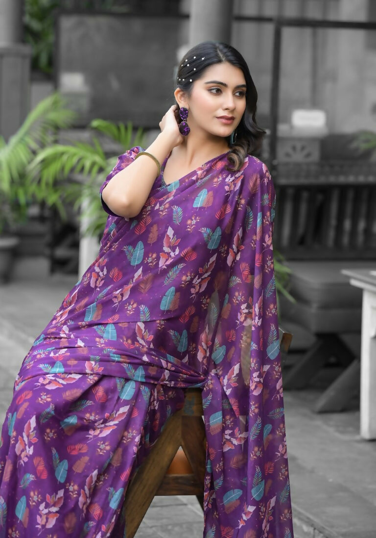 stylish Casual Purple Imported georgette Ready to Wear Fancy Saree - Ashwini | Grocsy