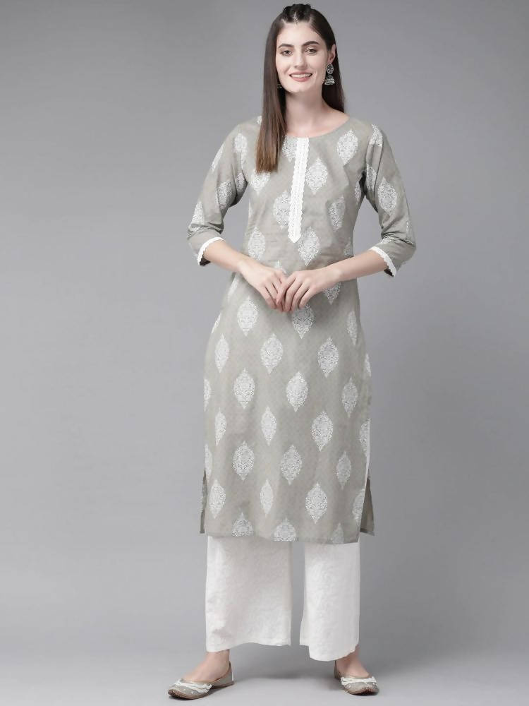 Yufta Grey and Off White Printed Kurta with Palazzo set | Grocsy