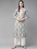 Yufta Grey and Off White Printed Kurta with Palazzo set | Grocsy