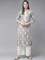 Yufta Grey and Off White Printed Kurta with Palazzo set | Grocsy