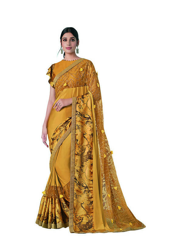 Mustard Lycra sequence Saree with Unstitched Blouse Piece - Norita Elaura | Grocsy