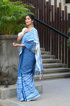 Beatitude Blue Cotton Tanchori Handloom Saree | Grocsy