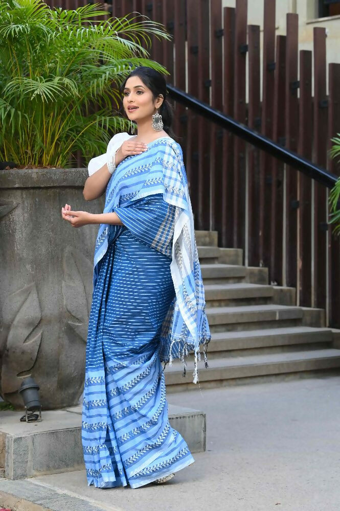 Beatitude Blue Cotton Tanchori Handloom Saree | Grocsy