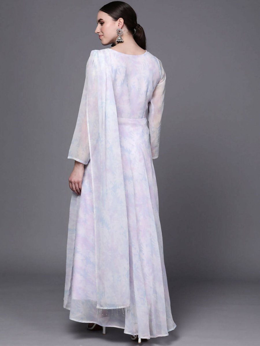 Ahalyaa Women Blue & White Floral Fit & Flare Maxi Ethnic Dress | Grocsy
