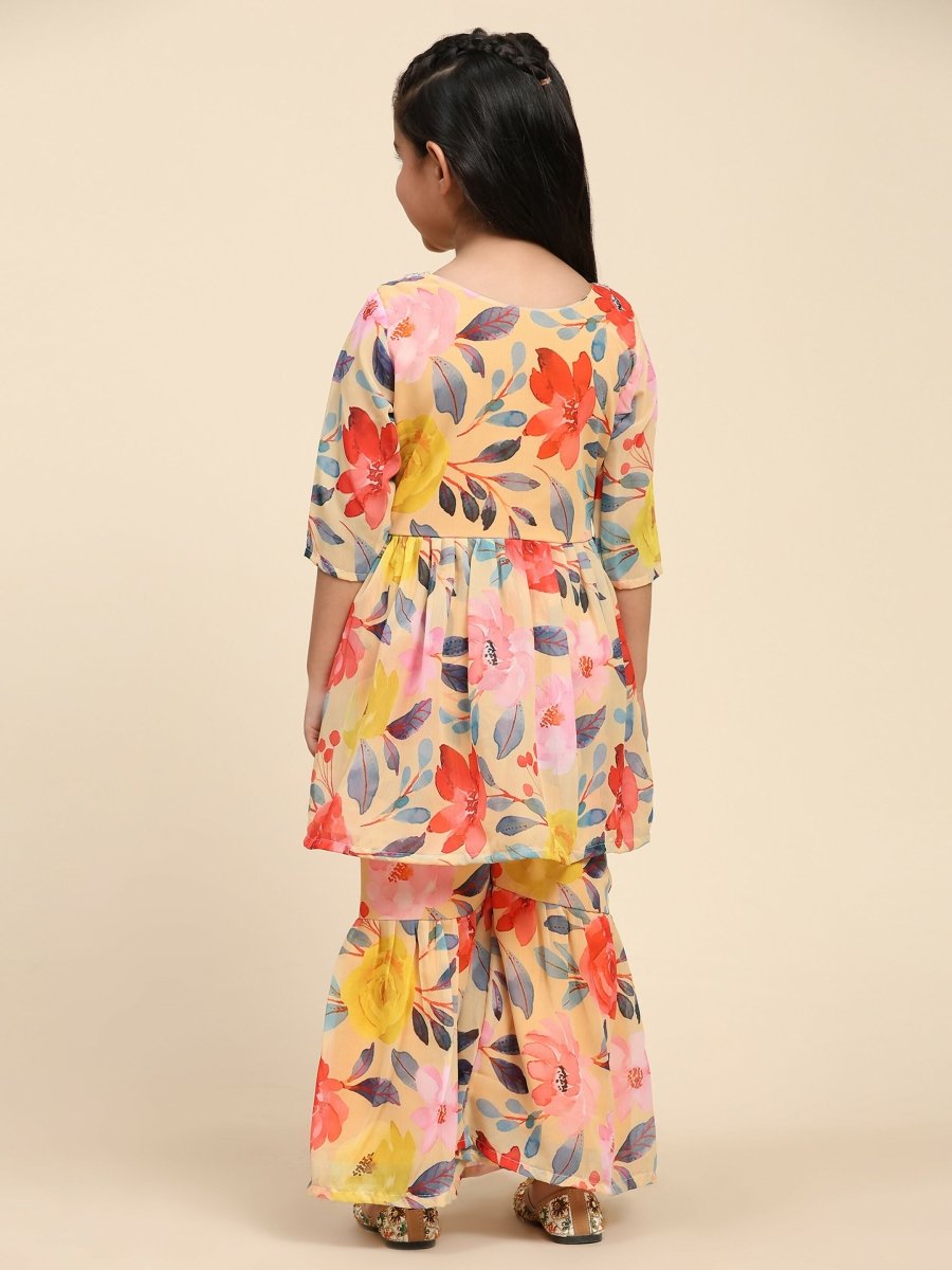 Alakhi Studio Girls Floral Georgette Printed V-Neck Kurta With Sharara - Mustard | Grocsy