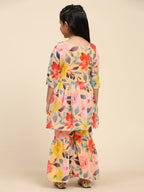 Alakhi Studio Girls Floral Georgette Printed V-Neck Kurta With Sharara - Mustard | Grocsy