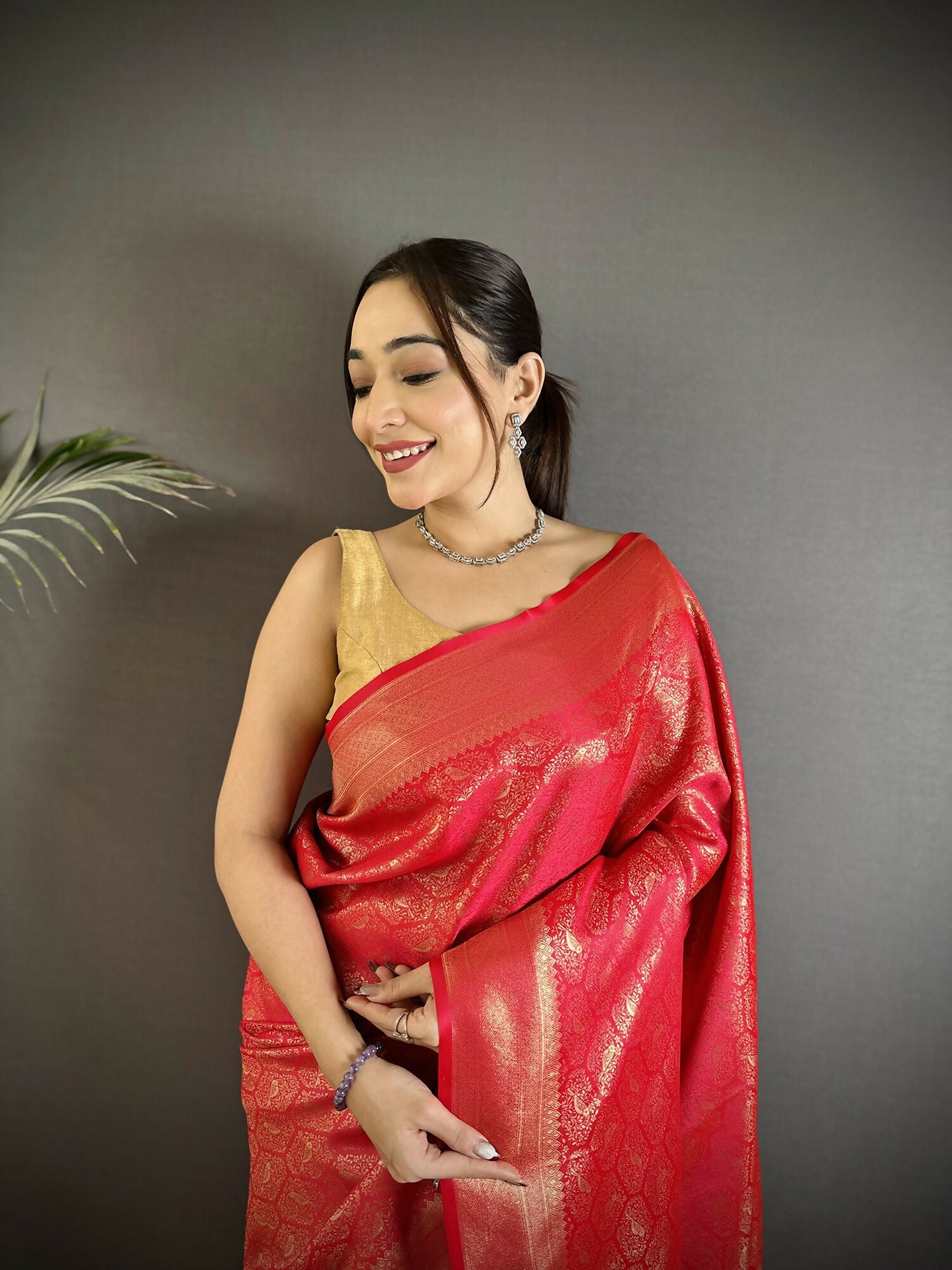 Joban Fashion Red Paisley & Floral Soft Satin Silk Banarasi Silk Saree | Grocsy