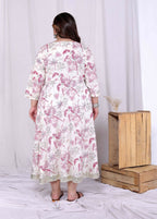 Miravan Women's Plus Size Pink Cotton Gota and Lace Border Birds and Leaf Floral Printed Anarkali Kurta | Grocsy