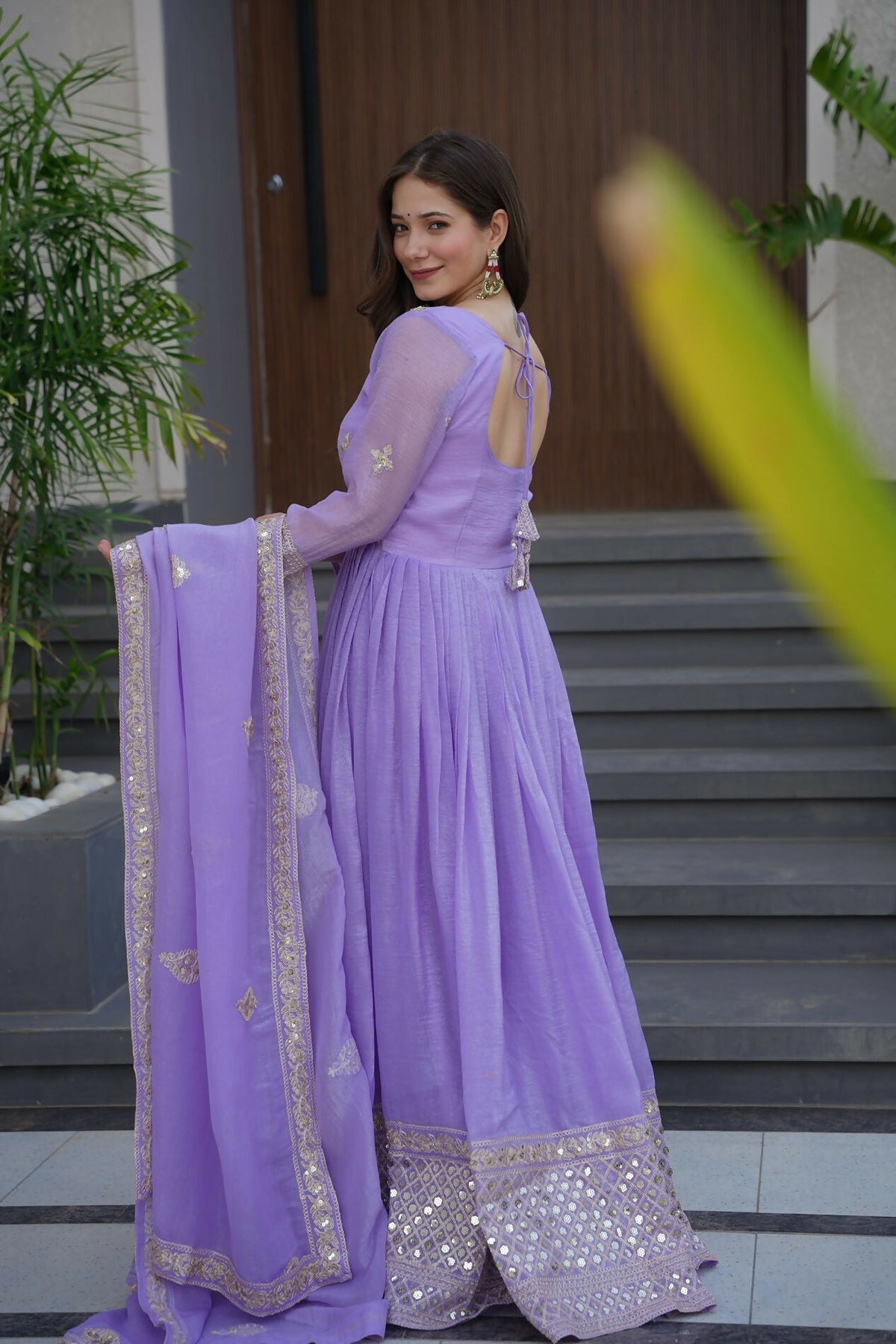 Teeya Creation Lavender Color Crunchy Silk Wedding Wear Embroidery Work Long Gown | Grocsy