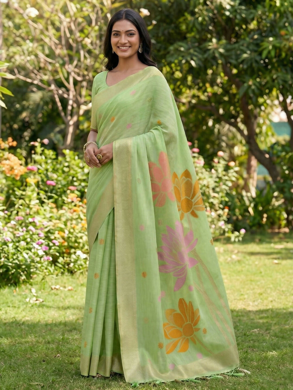 Shree Shyam Fashion Green Linen Cotton Saree | Grocsy