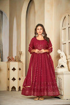 Jyoti Fashion Women's Maroon Georgette Embroidered Anarkali Kurta Pant Set With Dupatta | Grocsy