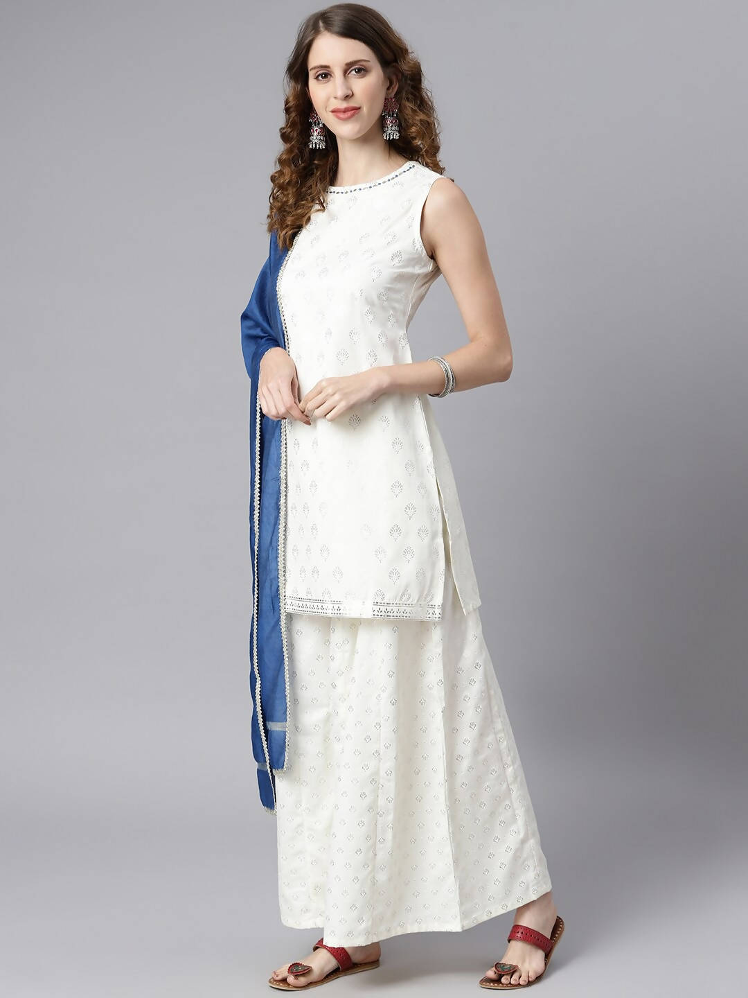 Janasya Women Off White & Silver Printed Kurta with Palazzos & Dupatta | Grocsy
