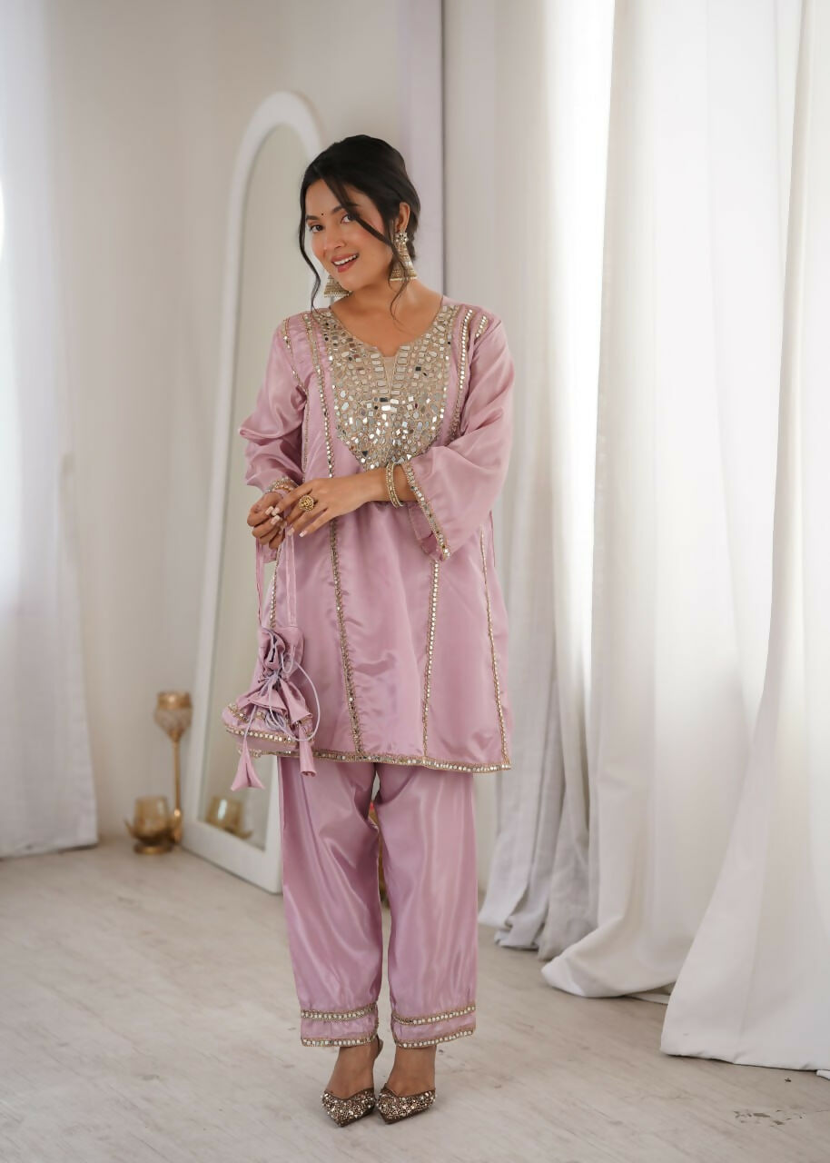 Teeya Creation Womens New Wedding Wear Pink Color With Mirror & Lace Work Kurta Pant Set | Grocsy