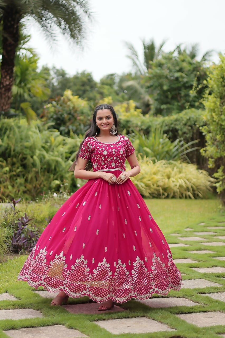 Vastranavya Premium Designer Faux Blooming with Embroidery Zari Sequins work Gown - Pink | Grocsy