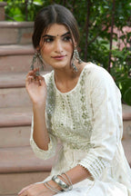 Juniper Off-White Rayon Festive Wear Embroidered A-Line Long Dress | Grocsy