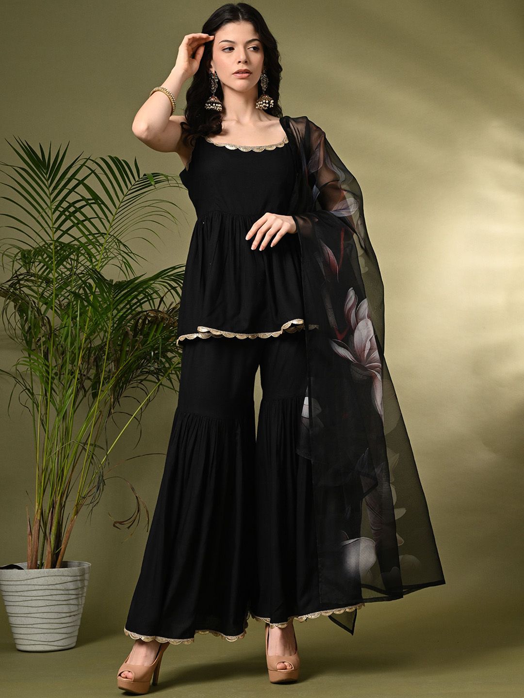 Sangria A-Line Kurti With Sharara & Dupatta | Grocsy