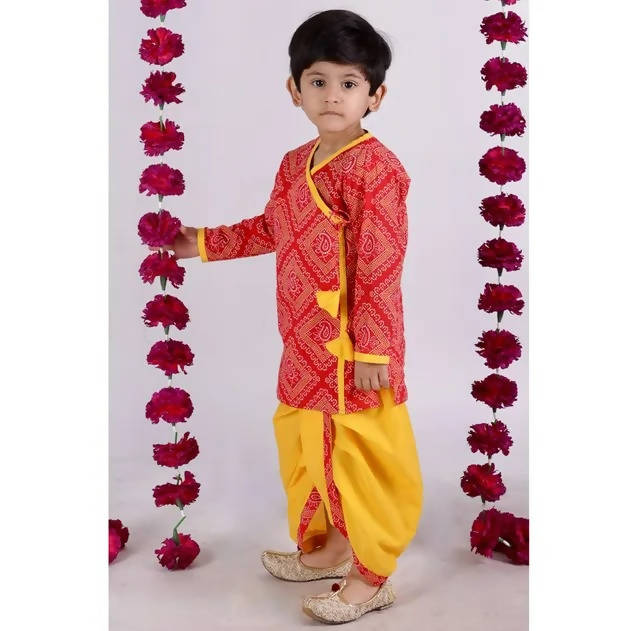 Little Bansi Boys Red and yellow Color Jaipuri Ambi Angrakha Kurta with Dhoti | Grocsy