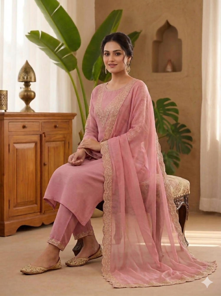 Teeya Creation New Womens Peach Straight Cut Kurta Set with Scalloped Embroidered Organza Dupatta Set | Grocsy
