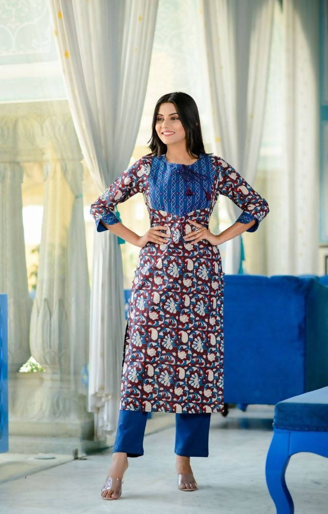 Yufta Women Blue Floral Printed Regular Pure Cotton Kurta with Trouser | Grocsy