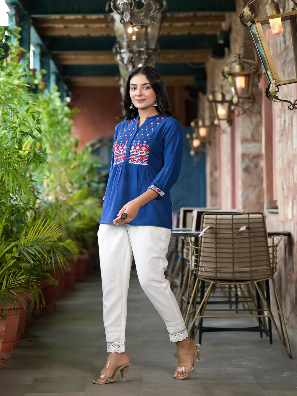 Juniper Women's Blue Solid Cotton Short Tunic With Thread & Mirror Work | Grocsy