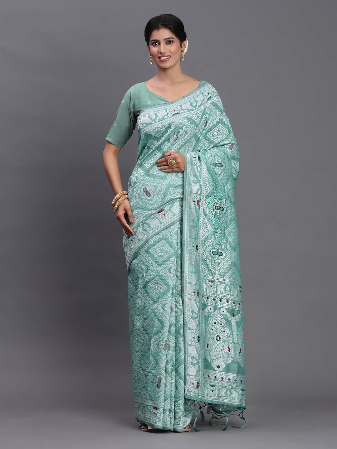 Shree Shyam Fashion Linen Cotton Sea Green Saree | Grocsy