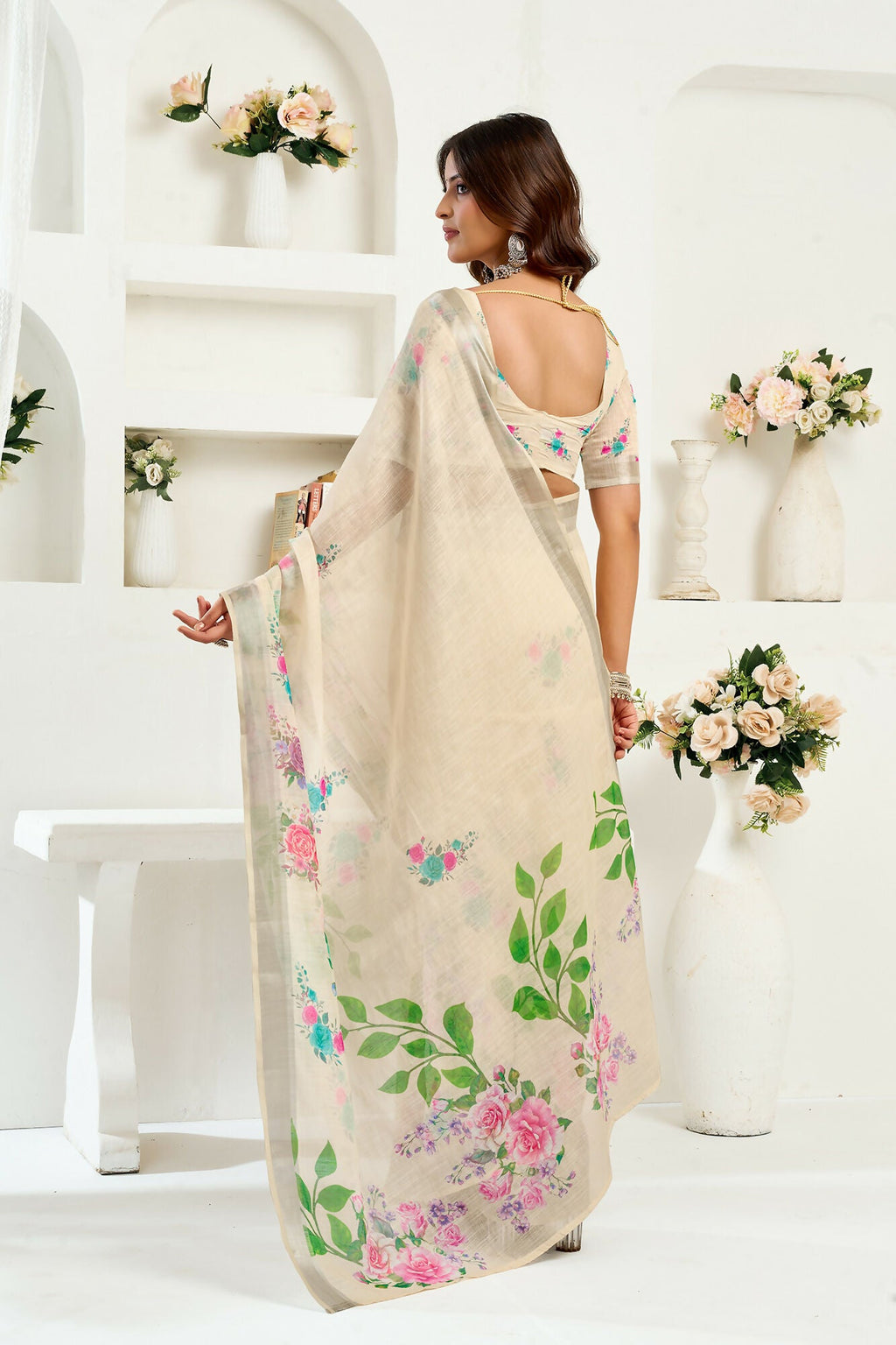 Vastranavya Cream Digital Printed Linen Ready To Wear Designer Saree with Unstitched Blouse | Grocsy