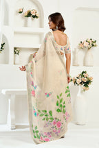 Vastranavya Cream Digital Printed Linen Ready To Wear Designer Saree with Unstitched Blouse | Grocsy