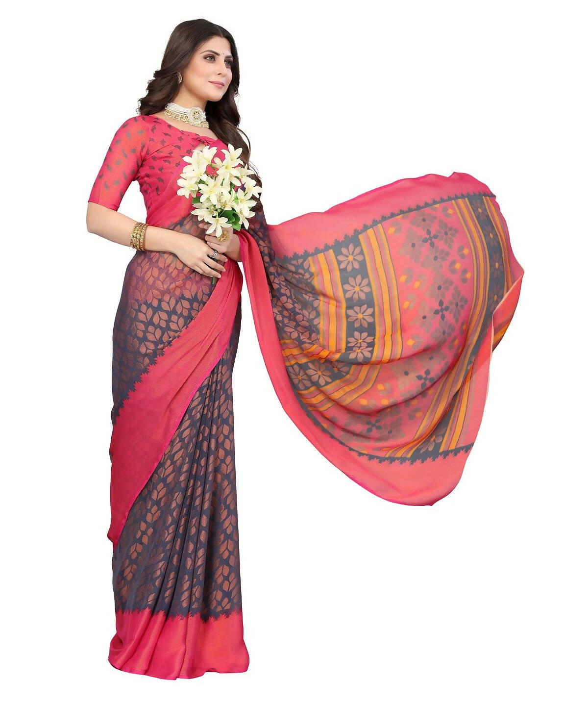 Vamika Grey Chiffon Brasso Bollywood Style Woven Saree (ALIZA GREY) | Grocsy