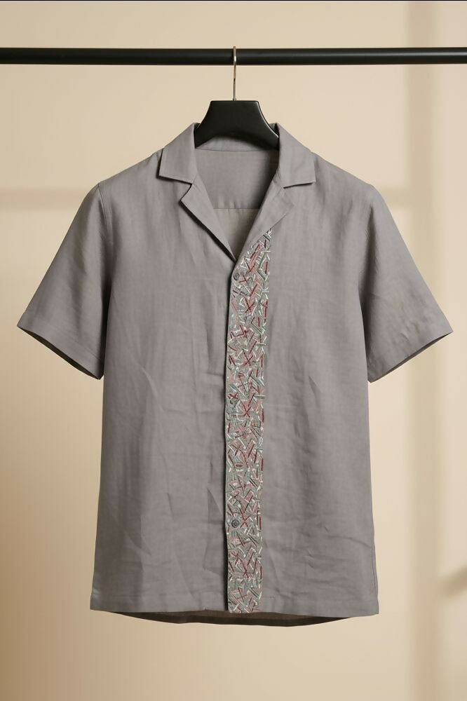 Driftstone — Grey Embroidered Linen Shirt by Hilo Design | Grocsy