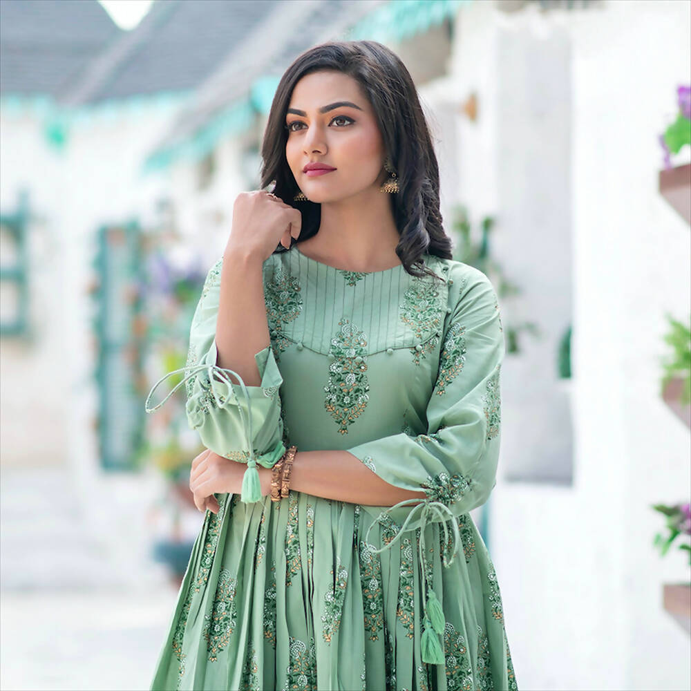 Partywear Designer Digital Printed Moss Green Pure Maslin Gown - Anbazaar | Grocsy