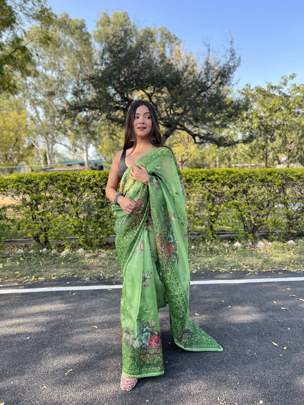 Vamsee Vidhi 1 Green Organza Saree | Grocsy