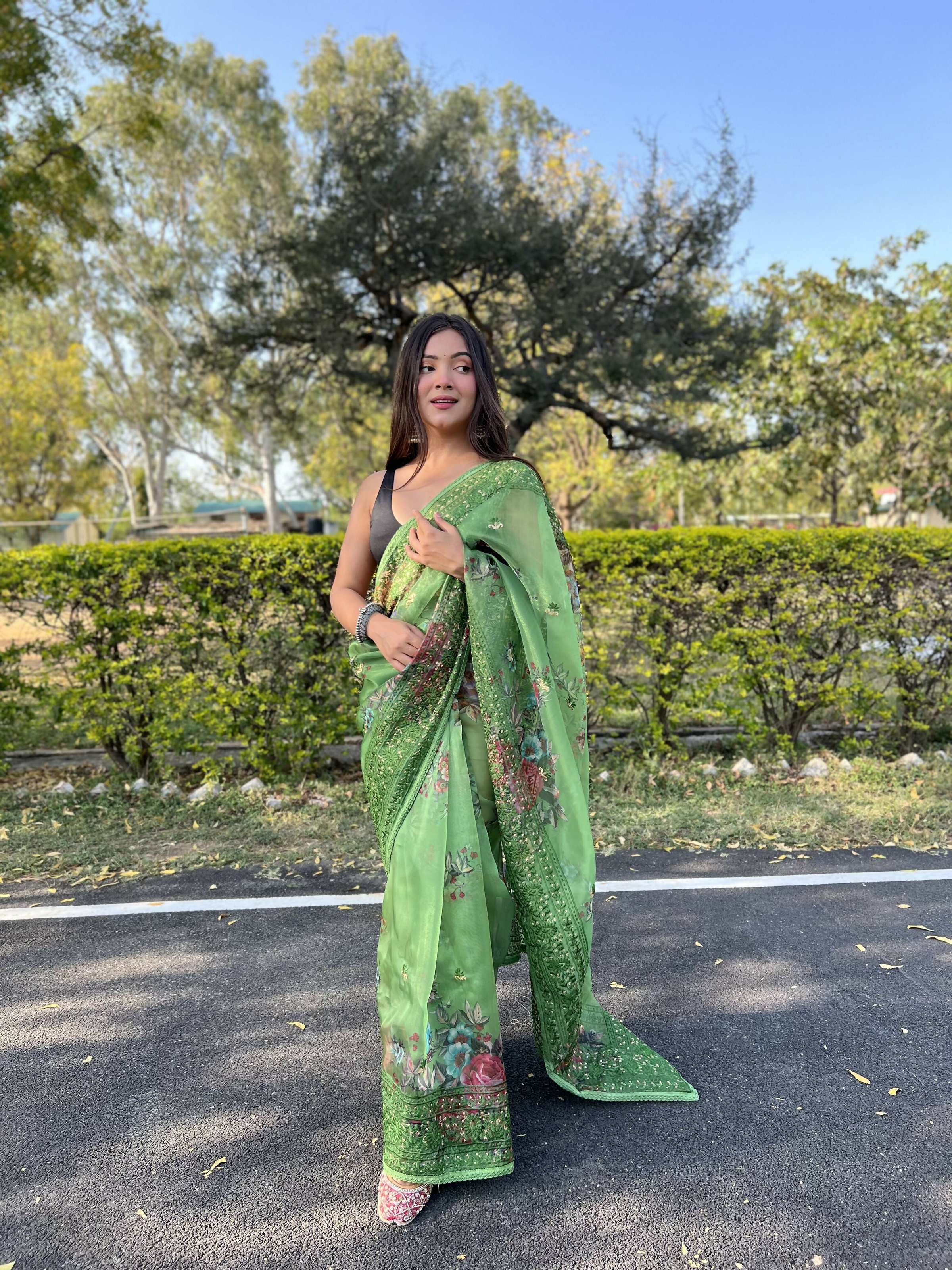 Vamsee Vidhi 1 Green Organza Saree | Grocsy