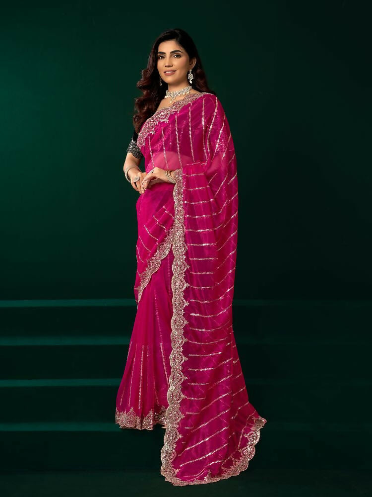 Joban Fashion Rani Pink Net Party Wear Sarees | Grocsy