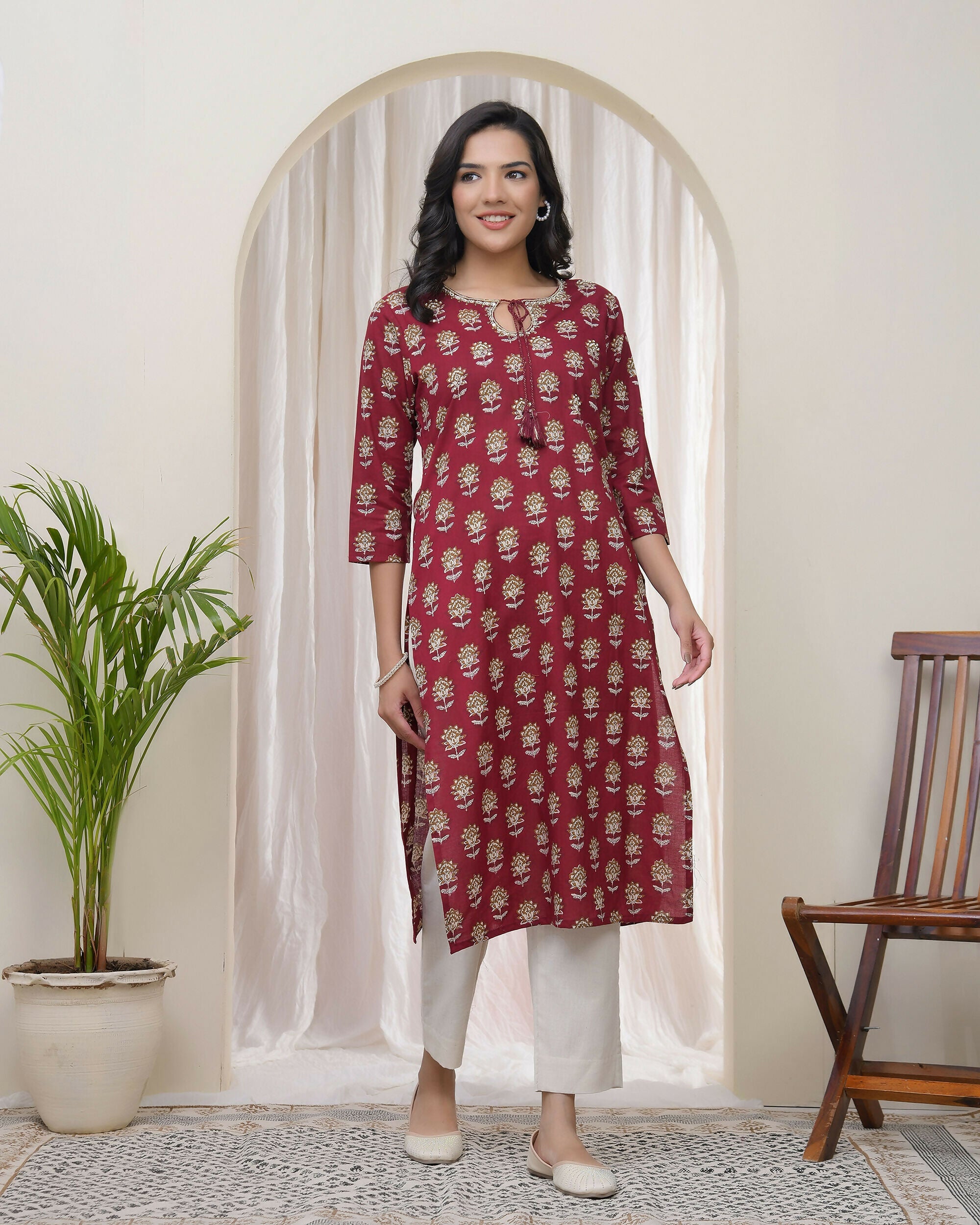 Vaasva Women Maroon Cotton Printed Straight Kurti With Pant | Grocsy