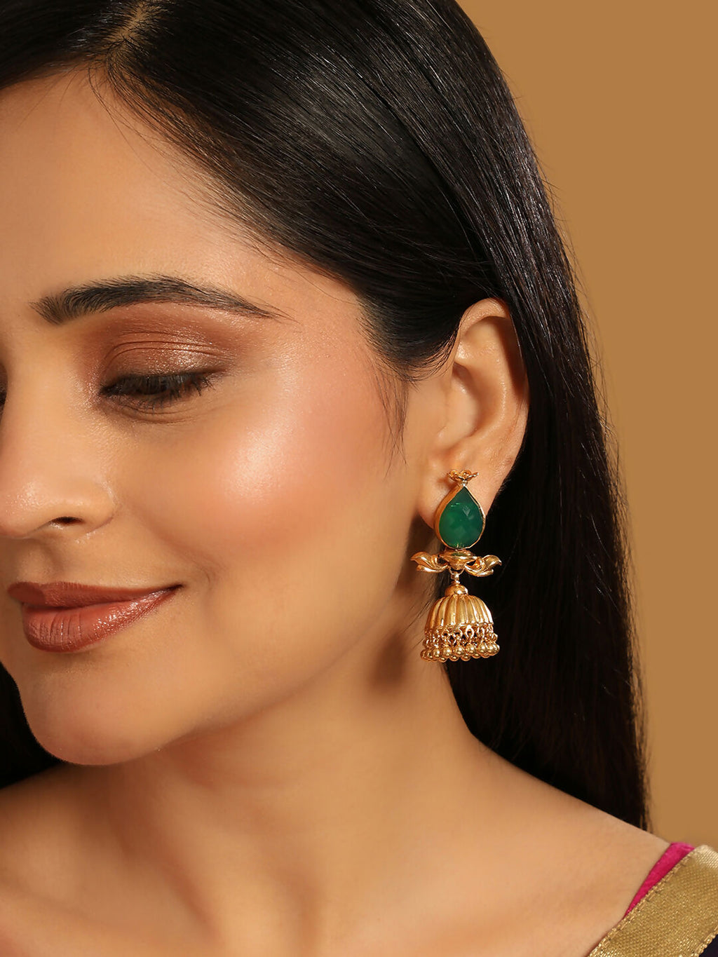 Nuyug 22K Gold Plated Emerald Stone Studded Ethnic Jhumkas | Grocsy