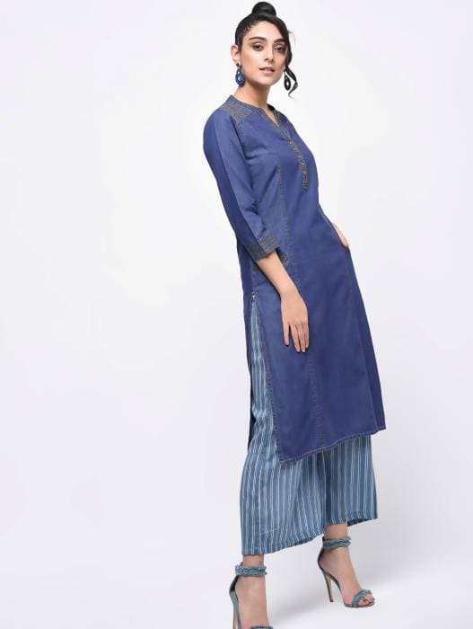 Aniyah Denim Princess Line Straight Kurta In Blue (AN-128K) | Grocsy
