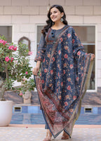 Kaajh Women's Navy Blue Digital Print Flora Chanderi Kurta Pant Set With Dupatta | Grocsy