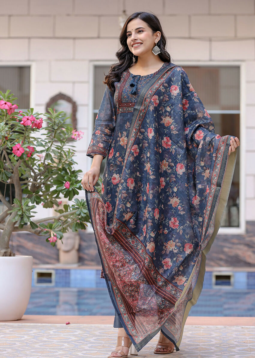 Kaajh Women's Navy Blue Digital Print Flora Chanderi Kurta Pant Set With Dupatta | Grocsy