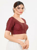 Joban Fashion Dark-Maroon Taffeta Silk Elbow Sleeveless Front Open Blouse | Grocsy