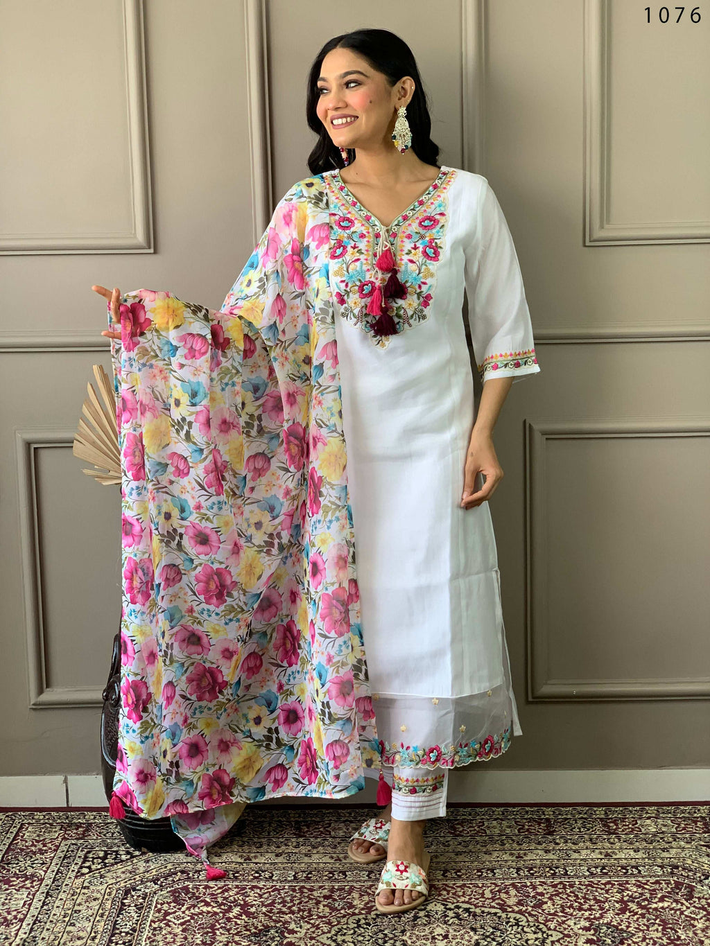 Partywear Designer Chanderi With Cotton Lining White Stitched Suit With Dupatta - Tanisha | Grocsy