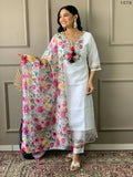 Partywear Designer Chanderi With Cotton Lining White Stitched Suit With Dupatta - Tanisha | Grocsy