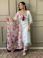 Partywear Designer Chanderi With Cotton Lining White Stitched Suit With Dupatta - Tanisha | Grocsy