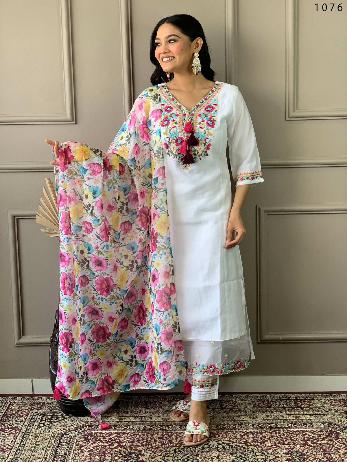 Partywear Designer Chanderi With Cotton Lining White Stitched Suit With Dupatta - Tanisha | Grocsy