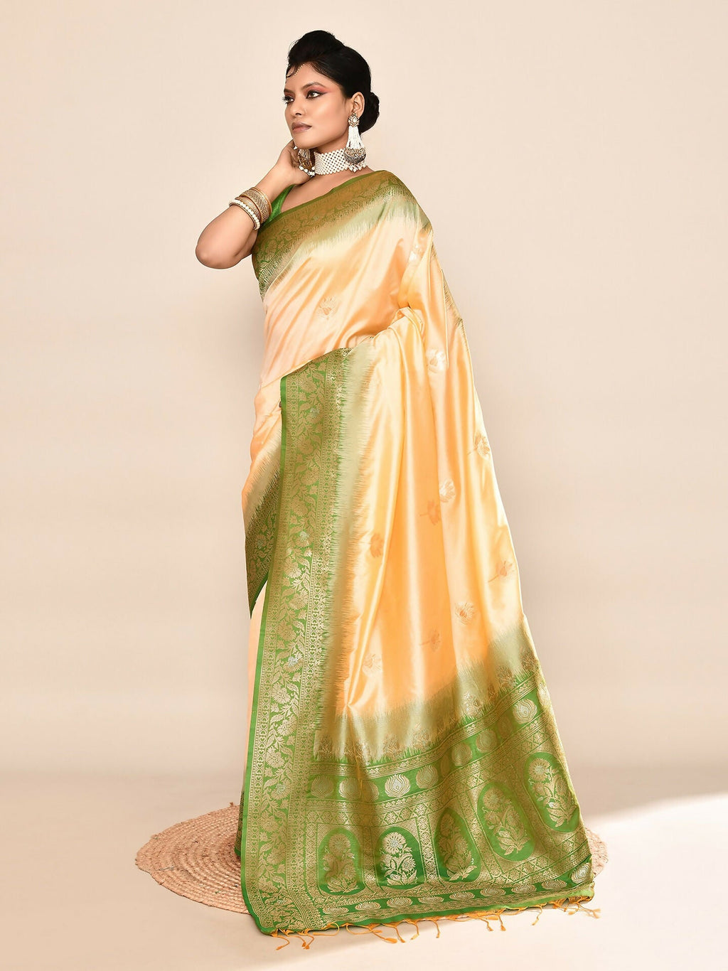 Joban Fashion Light Yellow & Parrot Green Plain With Weaving Border Banarasi Silk Sarees | Grocsy