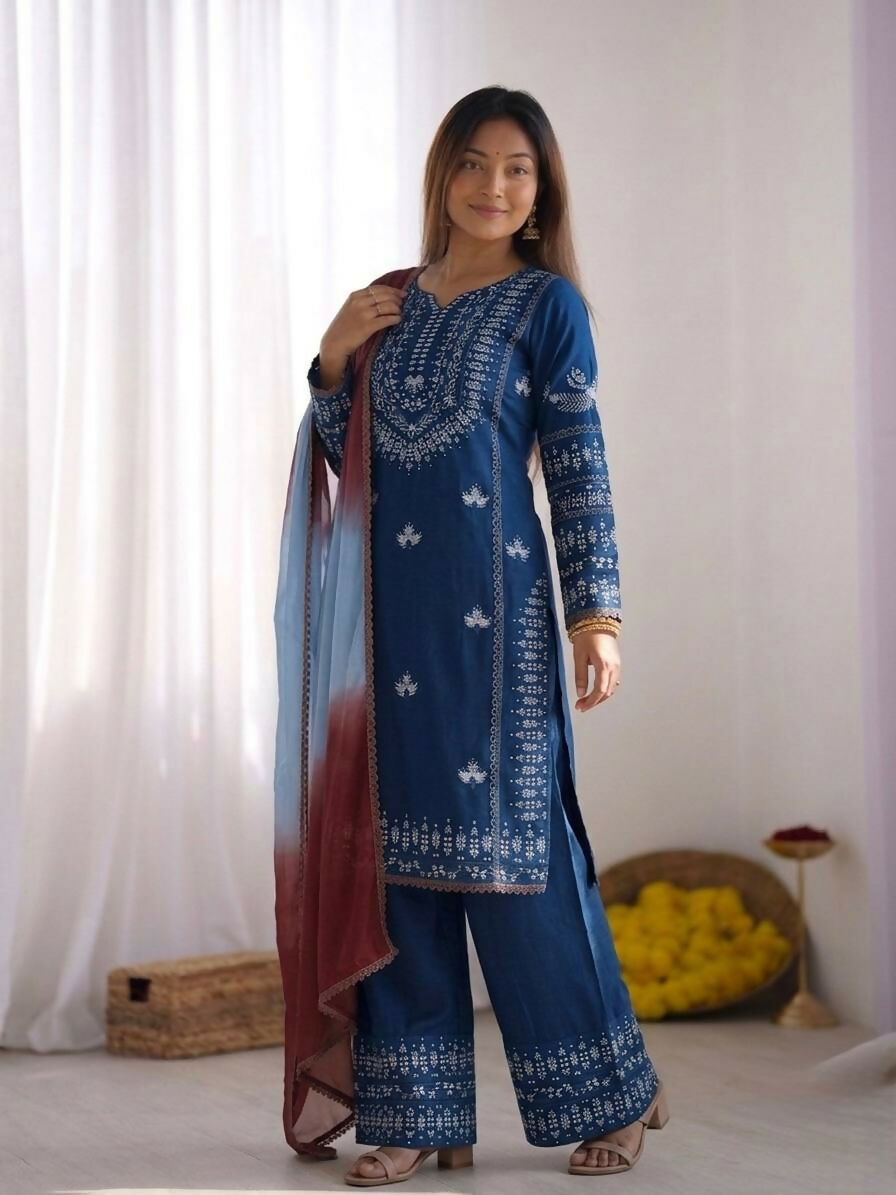 Teeya Creation Womens Trendy Stylish Embroidery Thread Work Blue Kurta Set | Grocsy
