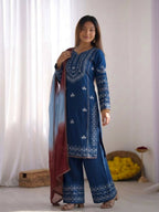 Teeya Creation Womens Trendy Stylish Embroidery Thread Work Blue Kurta Set | Grocsy