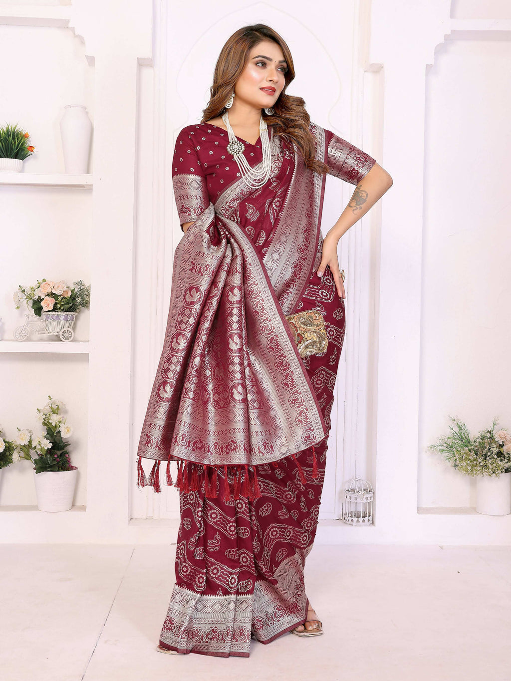 Aastha Fashion Maroon Georgette Silk Leheriya With Elegant Zari Weaving Saree | Grocsy