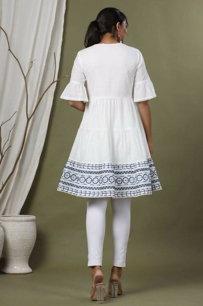 Juniper White Cotton Dobby Festive Embroidered Tiered Dress For Women | Grocsy